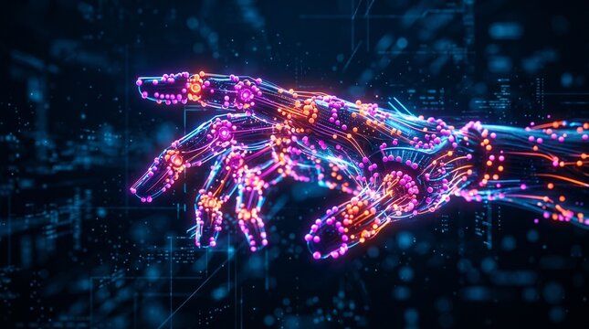 Futuristic digital robot hand showing artificial intelligence network connection with glowing lights