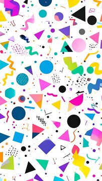 A colorful abstract pattern featuring various geometric shapes on a white background