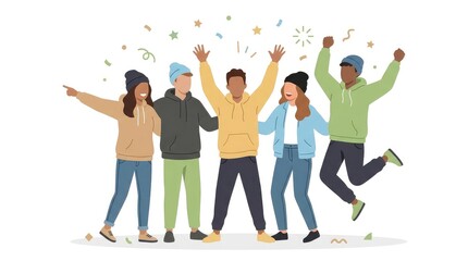Obraz premium Diverse group of happy young friends standing together cheering and celebrating with celebration happiness diversity cheering lifestyle togetherness friendship together connection