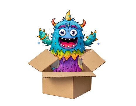 A colorful monster with horns and sharp teeth peeking out of an open cardboard box