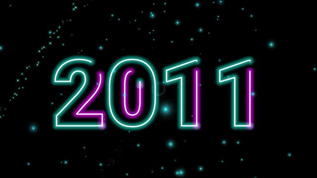 Vibrant neon numeral year 2011 title card with glowing cyan and pink contours over dark twinkling space video