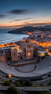 A serene aerial view of an ancient amphitheater at dusk, overlooking the calm sea and cityscape