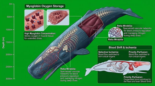 Anatomical diagram of a sperm whale diving to deep ocean depths showing myoglobin oxygen storage and physiological adaptations for deep sea survival