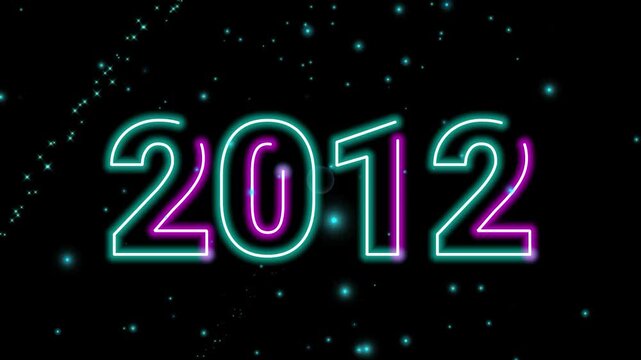 Electric neon glow number 2012 text background with floating particles stars and motion light flares for historical retrospective intro video