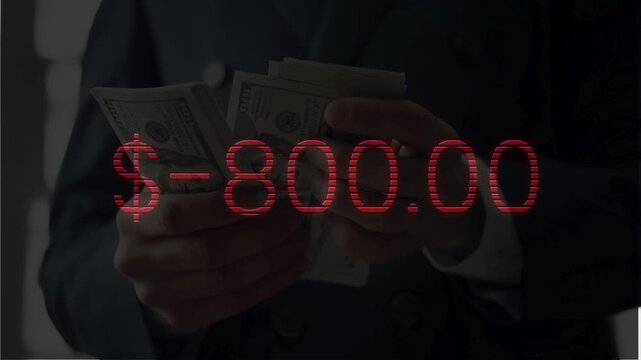 Close-up of hands holding US hundred dollar bills with a glowing red negative $1,000.00 text overlay. Depicts financial loss, debt, unexpected expenses, or negative bank balance.