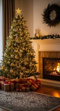 A cozy living room with a decorated Christmas tree, fireplace, and gifts