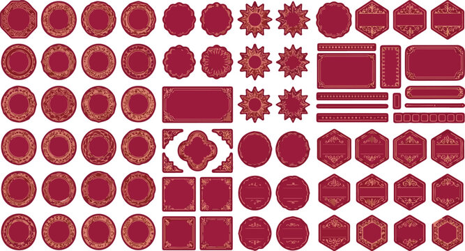 Chinese Frames with Gold Border Patterns. Oriental Logo Element Design. Vector Simple Red China Labels with Ornamented Frames..eps