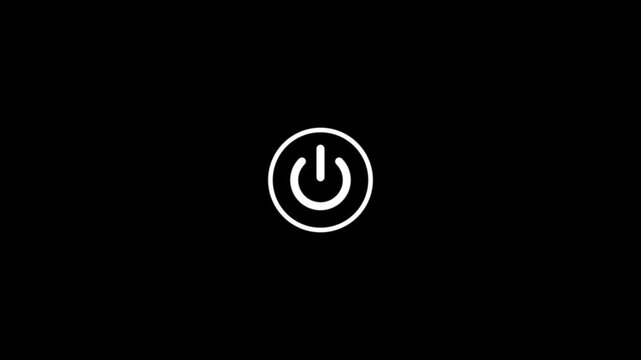 Red power button symbol glowing on a completely black background representing the universal symbol for turning devices on or off and indicating power button.