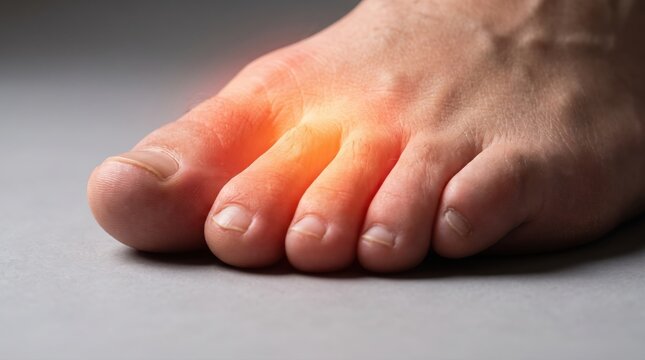Close-up of a human foot with a painful, inflamed toe, highlighting the discomfort and potential medical condition.