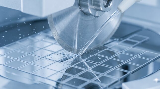 Close-up of a dicing saw cutting a silicon wafer into microchips in a high-tech manufacturing facility.