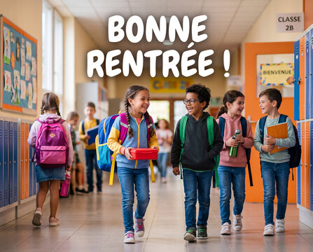 Affiche de bonne rentr&eacute;e scolaire avec des &eacute;l&egrave;ves joyeux portant des sacs &agrave; dos dans le couloir de l'&eacute;cole en septembre