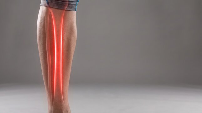 Human leg with shin pain highlighted in red, indicating injury or medical condition.