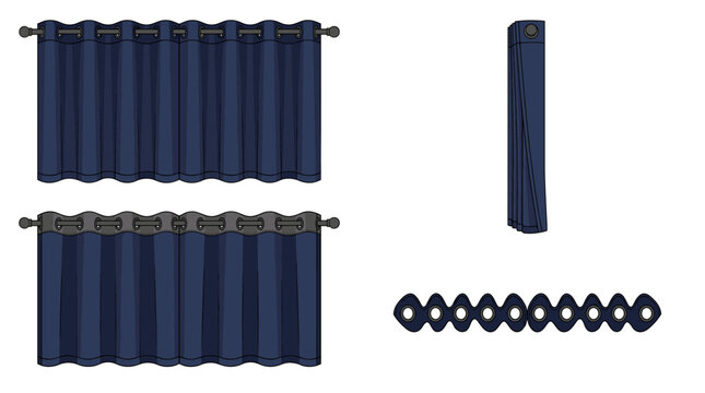 Blackout curtain window covering with front side rear and top views vector illustration