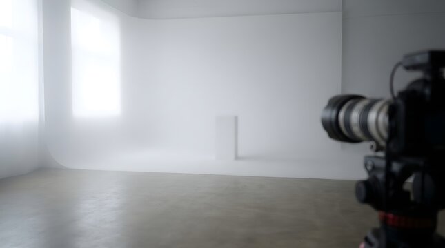 Professional photography studio setup with camera on tripod facing a white cyclorama wall