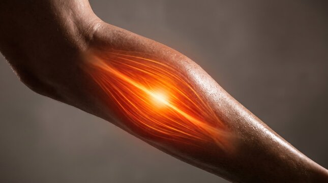 Human arm with highlighted muscles, representing pain, injury, or muscle activity in the forearm.