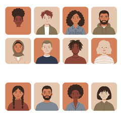 Fototapeta premium Diverse group of people with different ethnicities and hairstyles multicultural community portraits in a grid layout representing global society and inclusivity concepts.