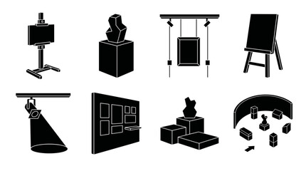 Set of black art gallery icons featuring paintings sculptures easels display stands and lighting equipment for museum exhibitions © NoobCreaTion