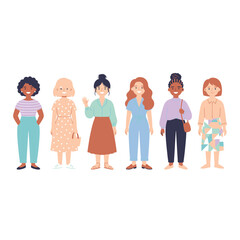 Fototapeta premium Diverse group of women standing together in unity and friendship showcasing different cultures and styles in a casual setting.