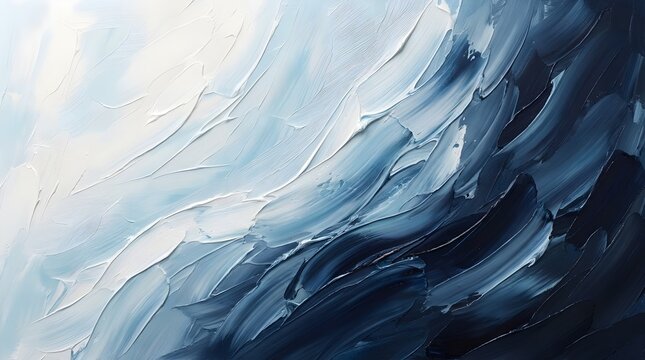 Abstract oil painting with blue and white brushstrokes, textured impasto art background