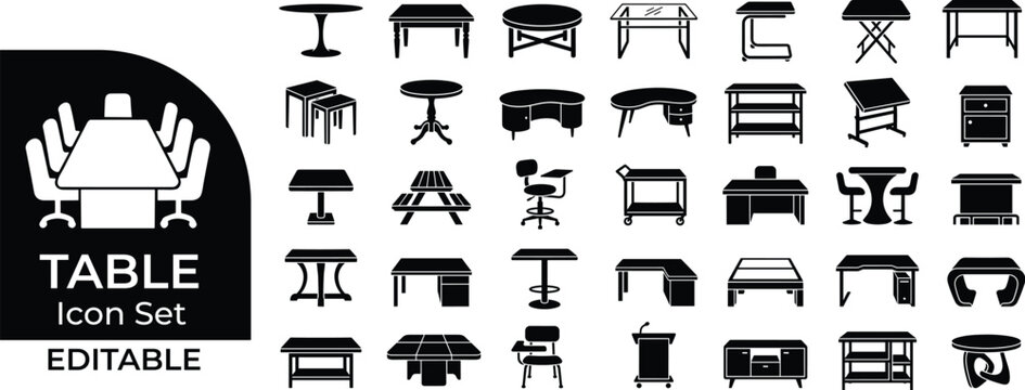 Furniture tables collection for interior design layouts with flat vector graphic icons set.