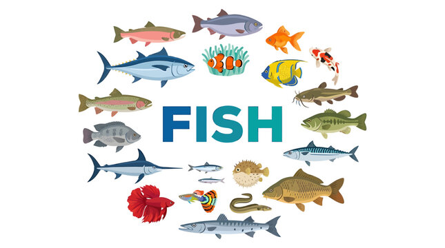 Vibrant illustration of various fish species, encompassing freshwater, saltwater, and ornamental types, arranged to showcase aquatic biodiversity