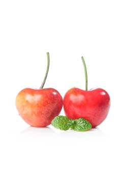 Fresh Golden Rainier Cherries from Chile with Mint Leaves on White Background