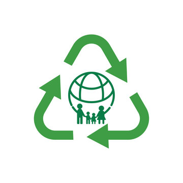 Green Earth Protection with Recycling Symbol and Family Embrace Children