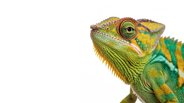 Vibrant colorful wild chameleon lizard head reptile isolated on transparent background