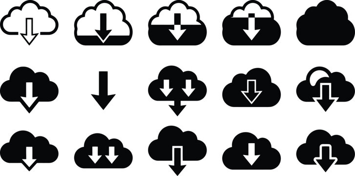 Cloud Download Icon Set showing Data Storage Symbols Vector for Interface Design, Web Development & Mobile App UI (EPS)