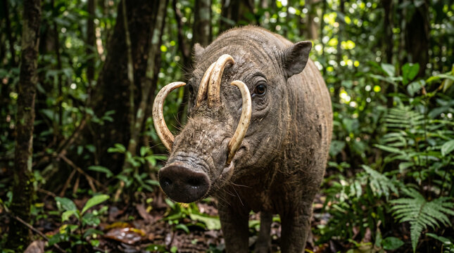 Close up of a male Sulawesi Babirusa (Babyrousa celebensis). Pig with large canine teeth in wild natural habitat, Sulawesi Island, Indonesia.
