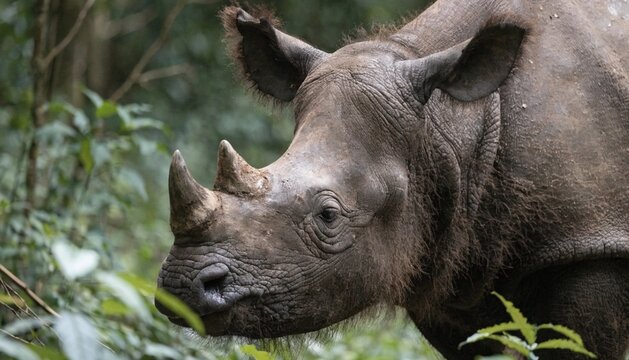 Close up of a Bornean rhino, Sabah Rhino, Sumatran rhinoceros or hairy rhino in forest, Sumatra, Indonesia.
