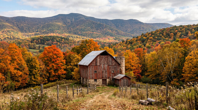 A weathered red barn nestled among autumn-colored trees in the mountains. A Rustic Barn in the Appalachian Mountains
