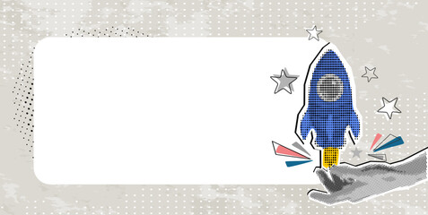 Trendy Halftone Collage hand launching Rocket, ship  with space for text or advertisement. Startup business. Vector illustration. © mitay20