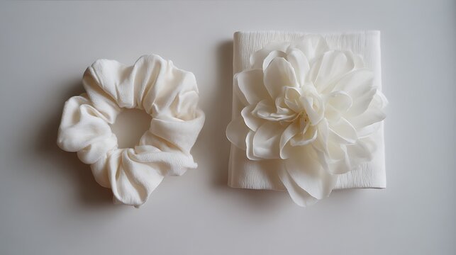 White fabric hair scrunchie and matching flower hair clip on white background