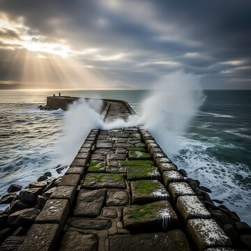A dramatic seascape with waves crashing against a weathered stone pier at sunrise