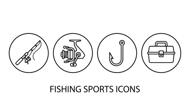 Fishing equipment icon set featuring a fishing rod spinning reel fish hook and a utility tackle box for angling sport equipment