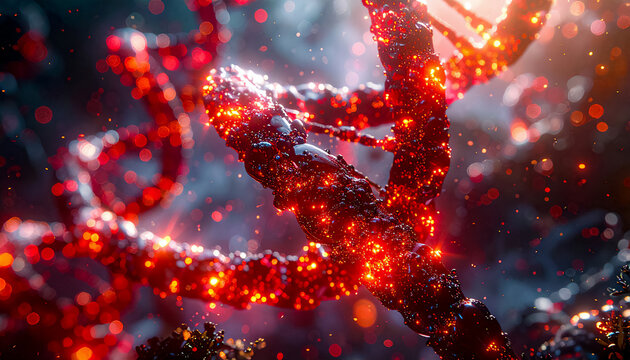 Abstract scientific illustration of DNA double helix, molecular structure of genetic code, translucent material, crystalline structure