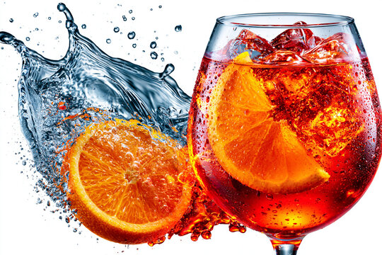 Cocktail Spritz dans un grand verre ballon givr&eacute;, rempli de gla&ccedil;ons, tranches d'orange et bulles. Une &eacute;claboussure d'eau gazeuse dynamique apporte une fra&icirc;cheur estivale sur un fond blanc