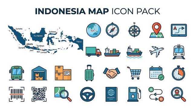 Indonesia map icon pack features transportation, technology, travel, communication, and business icons