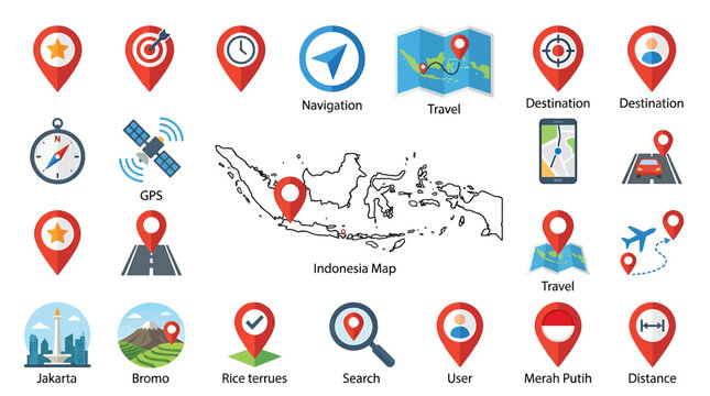 Travel icons on Indonesian map for navigation and destination search