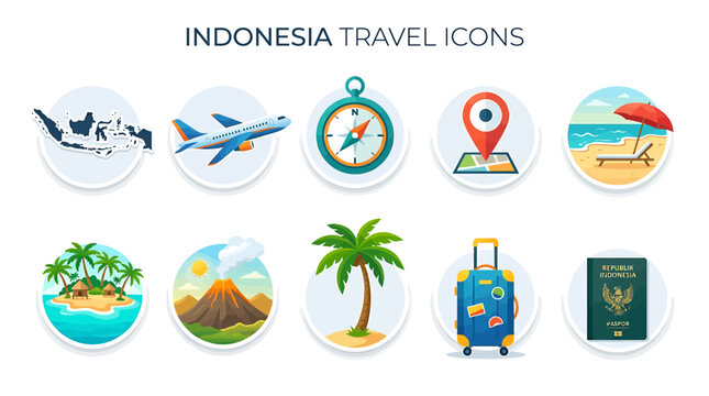 Indonesia travel icons illustrate a plane flying over islands with a palm tree, map, and suitcase for tourism.