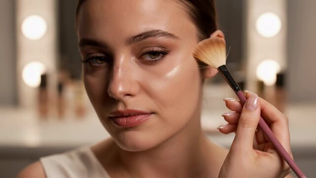 Young Woman Applying Highlighter to Cheekbone with Makeup Brush