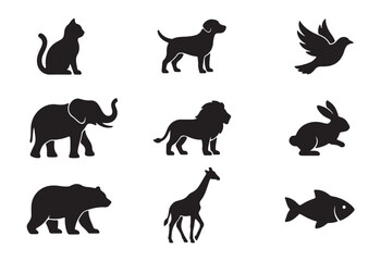 Obraz premium Animal Silhouette Icon Set with Cat, Dog, Bird, Elephant, Lion, Rabbit, Bear, Giraffe and Fish