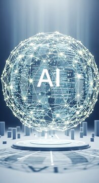 A futuristic digital globe with a network of lines and lights, showcasing AI on a cityscape background