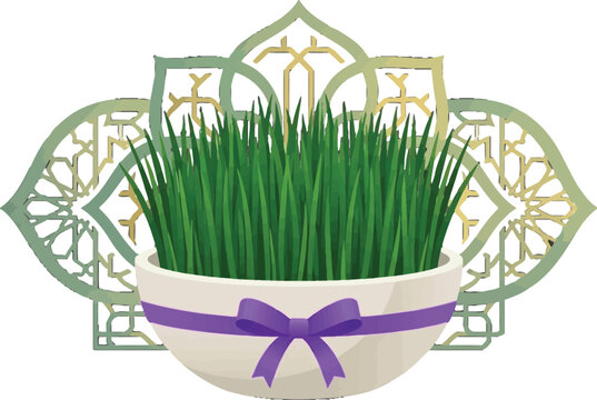 Sabzeh wheatgrass in a white bowl with purple ribbon and decorative floral pattern background vector illustration