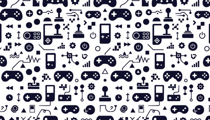 Seamless gaming pattern with controllers, handheld consoles, headphones, keyboards, trophies, and digital icons, ideal for game backgrounds, wallpapers, packaging, apparel, and tech designs. © VectorBloomX