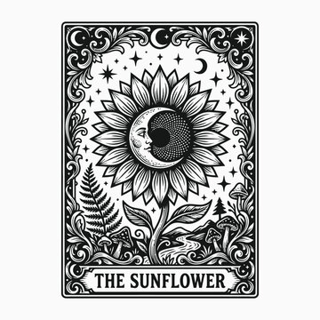 Halloween tarot card sunflower design with celestial moon and ferns vintage occult illustration