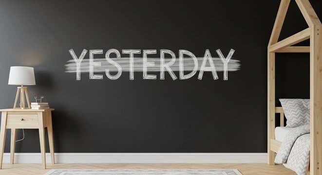 Minimalist Yesterday Wall Decor in Modern Bedroom with Soft Lighting