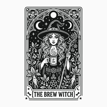 Halloween tarot card vintage witch illustration with crescent moon herbs and mystical elements for occult design
