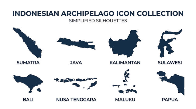 Indonesian archipelago icons showcase geographic map silhouettes